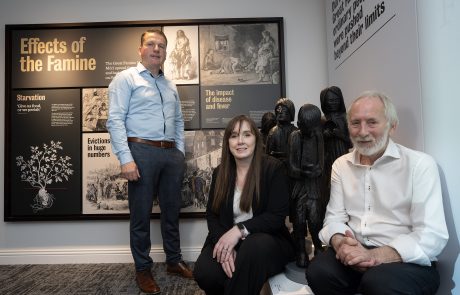 Dermot Friel, Cathy O’Neill and Kieran Tuohy sculptor at the launch of Gorta, Swatragh’s Famine Story visitor centre